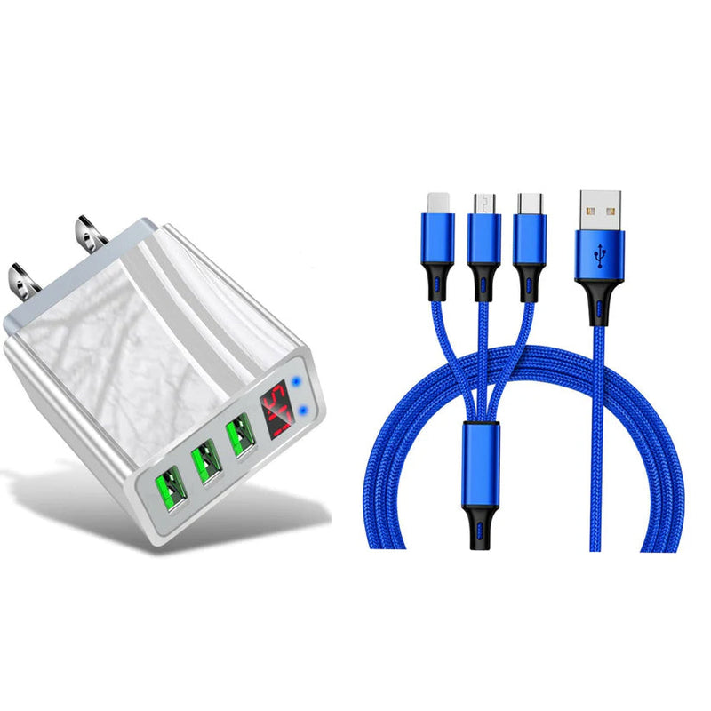 2-Piece Set: 3-Port LED Display High Speed Wall Charger White + 3-in-1 Cable Combo Mobile Accessories Blue - DailySale