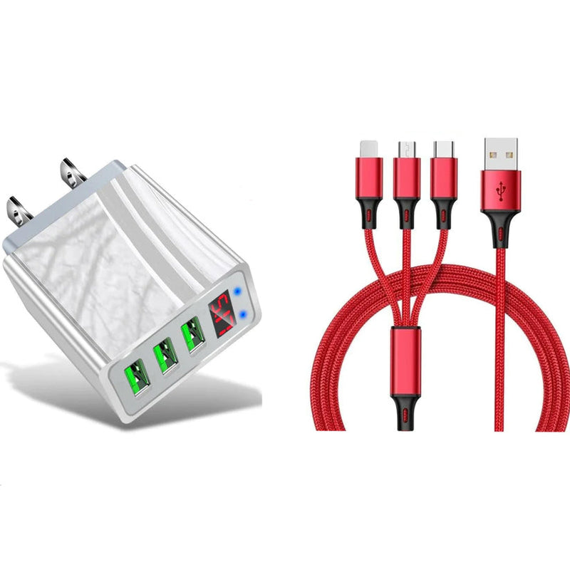 2-Piece Set: 3-Port LED Display High Speed Wall Charger White + 3-in-1 Cable Combo Mobile Accessories Red - DailySale