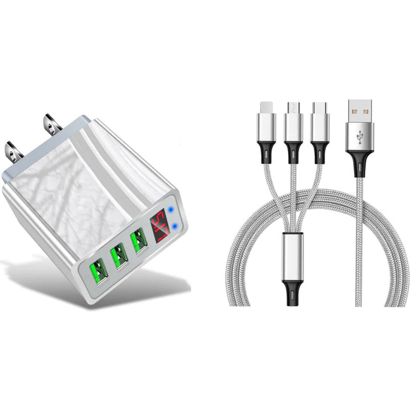 2-Piece Set: 3-Port LED Display High Speed Wall Charger White + 3-in-1 Cable Combo Mobile Accessories Silver - DailySale