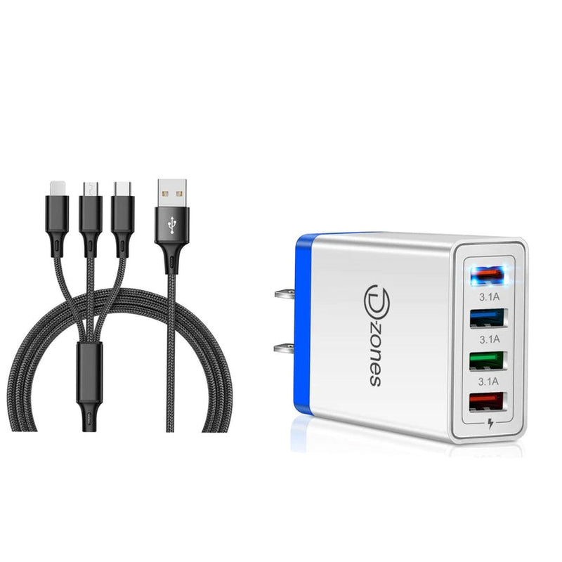2-Piece Set: 4-Port High Speed Wall Charger + 3-in-1 Cable Combo Mobile Accessories Black - DailySale