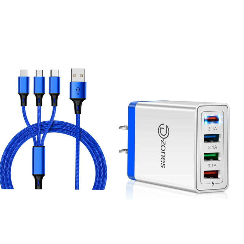 2-Piece Set: 4-Port High Speed Wall Charger + 3-in-1 Cable Combo Mobile Accessories Blue - DailySale