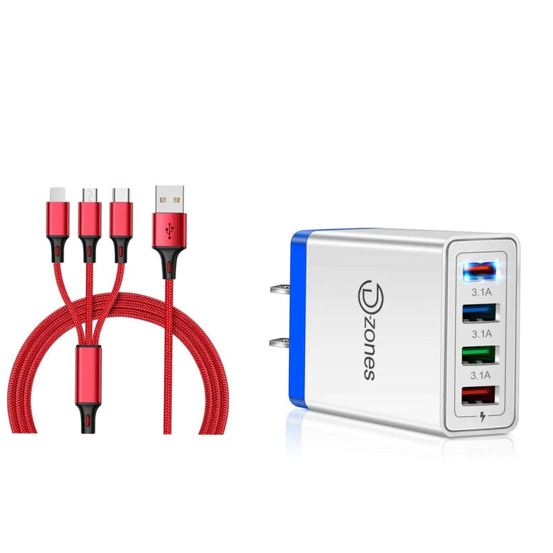 2-Piece Set: 4-Port High Speed Wall Charger + 3-in-1 Cable Combo Mobile Accessories Red - DailySale