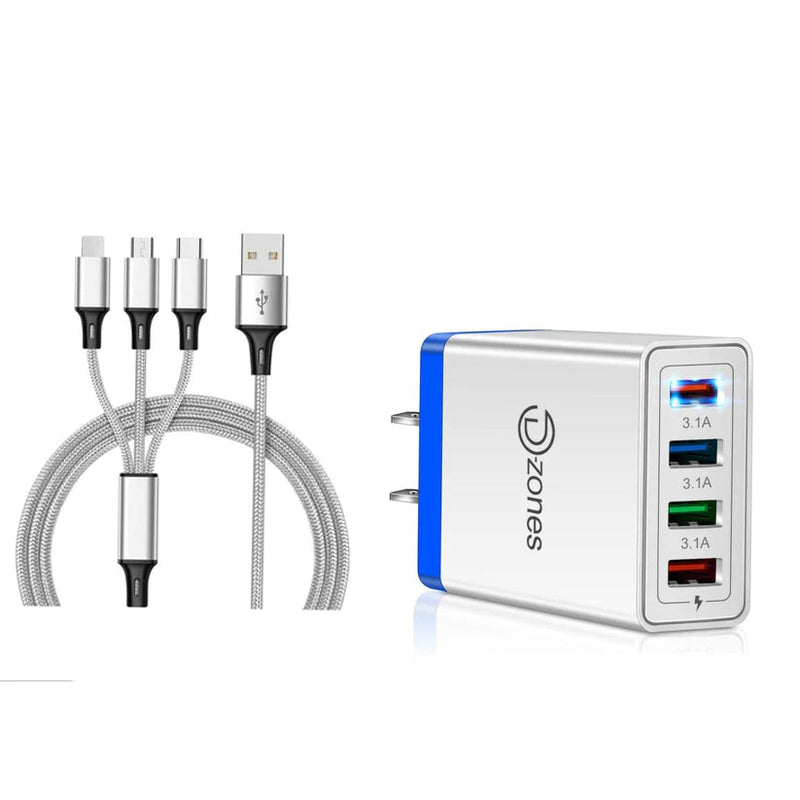 2-Piece Set: 4-Port High Speed Wall Charger + 3-in-1 Cable Combo Mobile Accessories Silver - DailySale