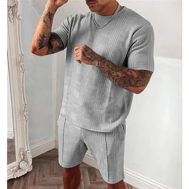 2-Piece Set: Crew Neck Striped Athleisure Short Sleeve Men's Tops Gray S - DailySale