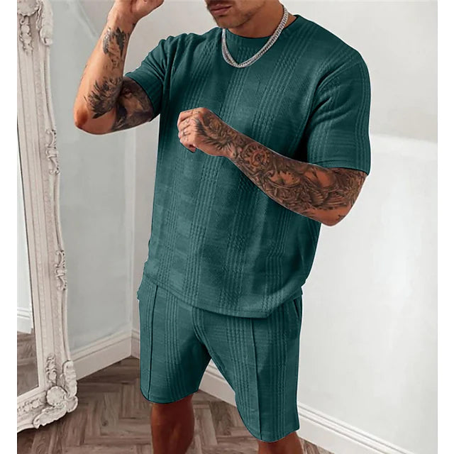 2-Piece Set: Crew Neck Striped Athleisure Short Sleeve Men's Tops Green S - DailySale