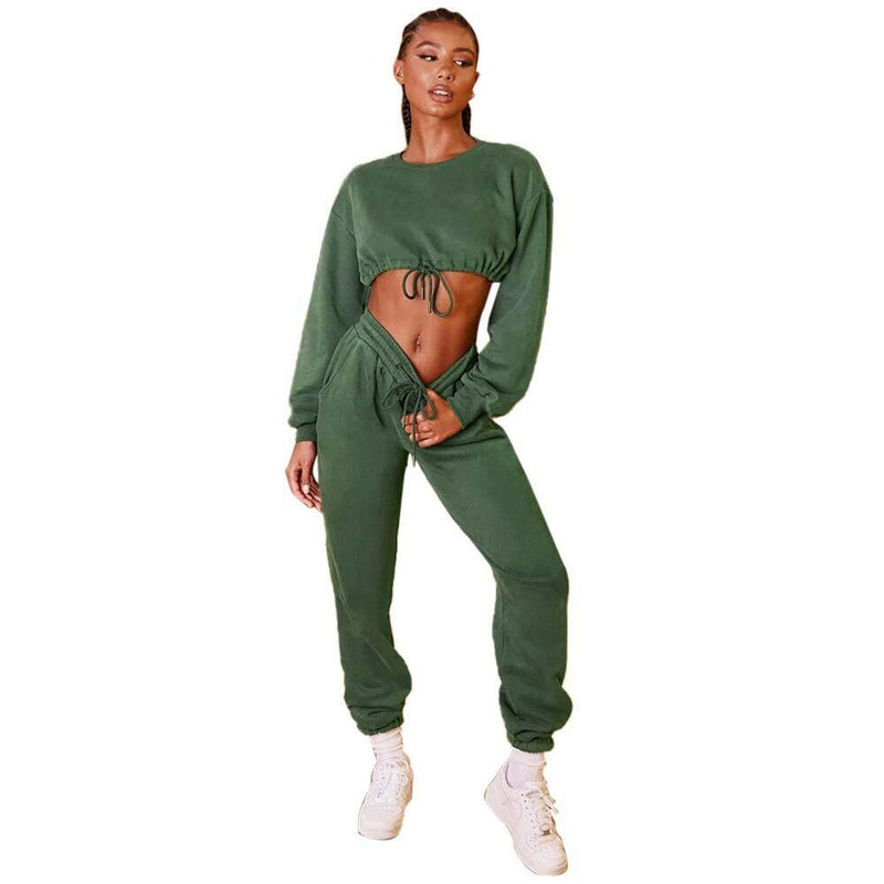2-Piece Set: Drawstring Short Top Hooded Tops Sweatshirt Pants Set Women's Clothing Army Green S - DailySale