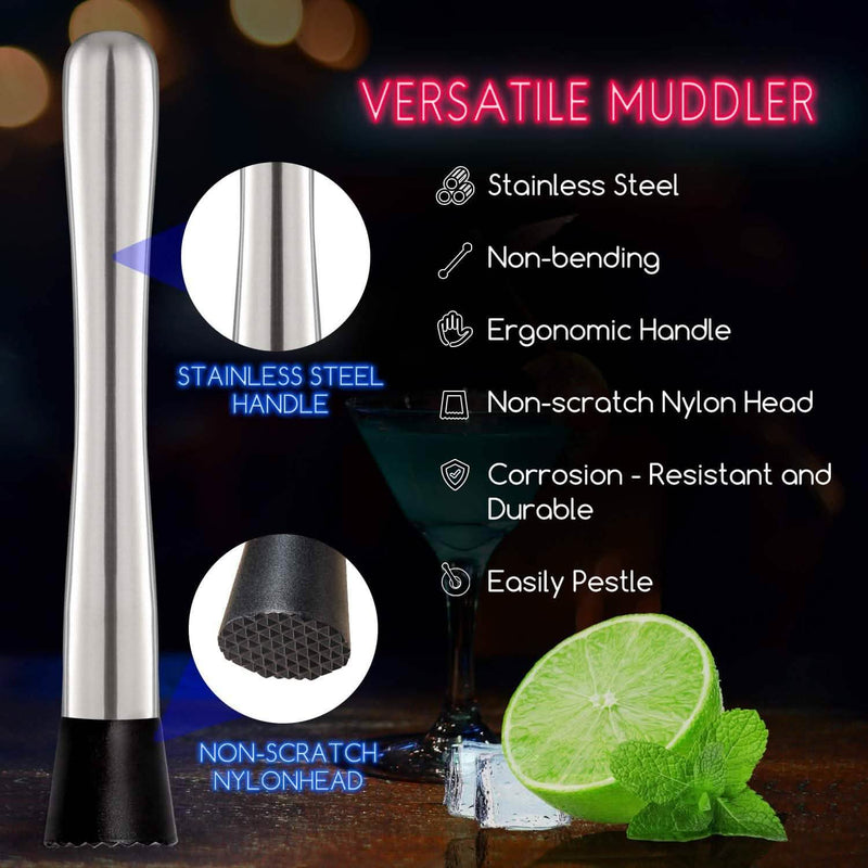 2-Piece Set: Hiware 10 Inch Stainless Steel Cocktail Muddler and Mixing Spoon Home Bar Tool Set Kitchen & Dining - DailySale
