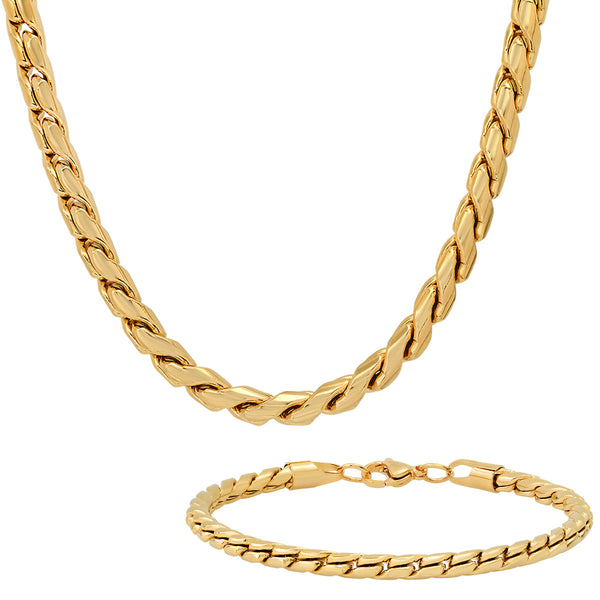 2-Piece Set: Men's 18k Gold Plated Stainless Steel Round Twisted Fancy Link Necklace & Bracelet Necklaces - DailySale