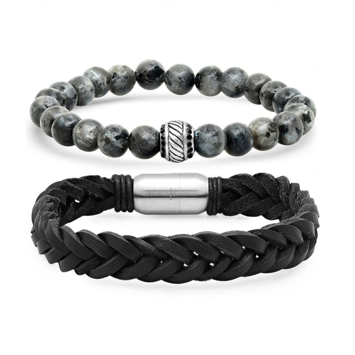 2-Piece Set: Men's Black Leather/Stainless Steel and Gray Agate Bracelets Bracelets - DailySale