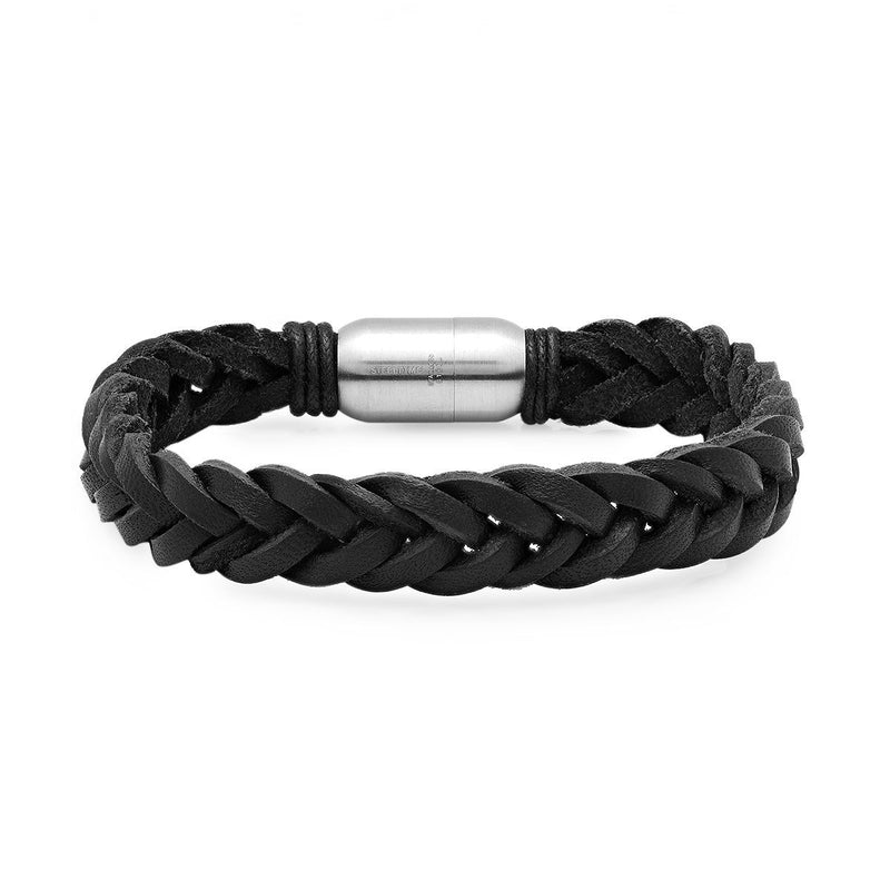 2-Piece Set: Men's Black Leather/Stainless Steel and Gray Agate Bracelets Bracelets - DailySale
