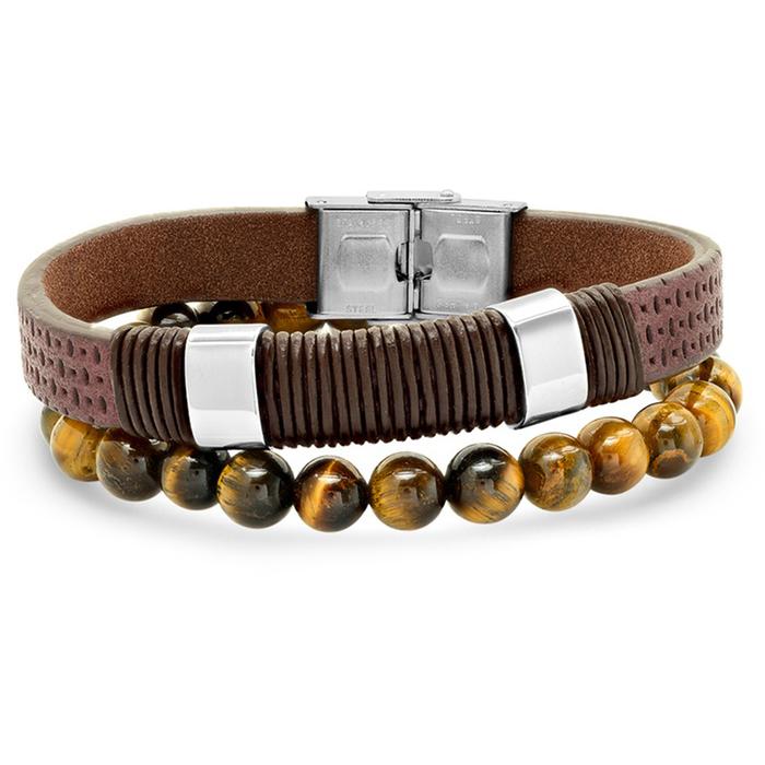 2-Piece Set: Men's Brown Leather, Stainless Steel and Tiger Eye Beaded Bracelets Bracelets - DailySale