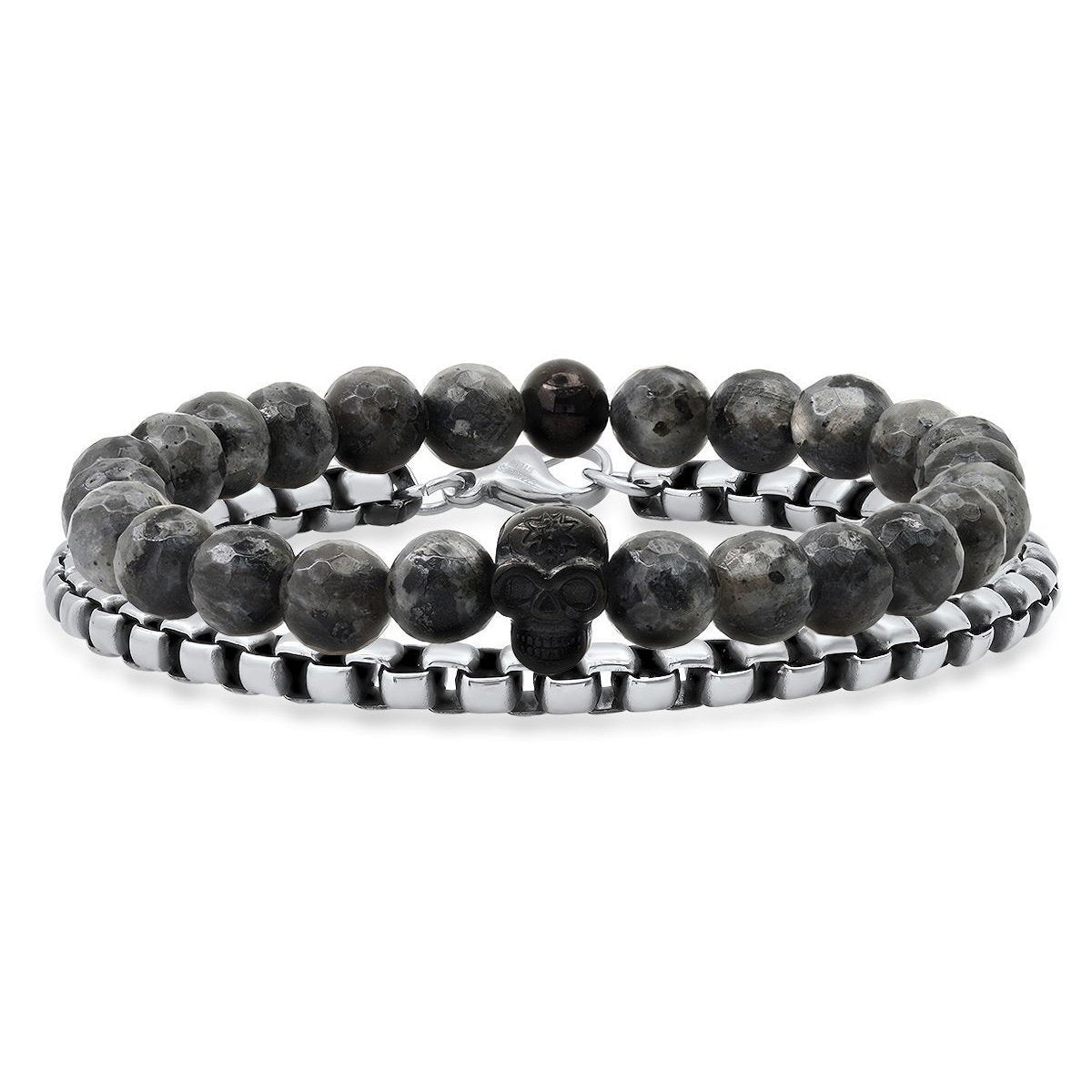 2-Piece Set: Men's Gray Agate and Black IP Stainless Steel Skull Beaded and Box Link Bracelet Men's Accessories - DailySale