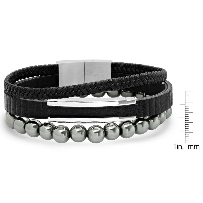 2-Piece Set: Men's Layered Black Leather, Stainless Steel and Hematite Beads Bracelet Bracelets - DailySale