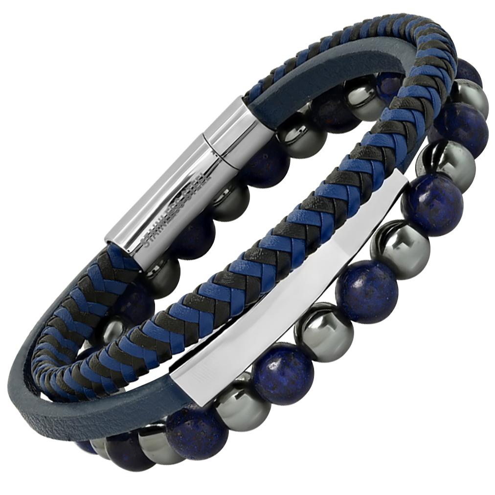 2-Piece Set: Men's Leather/Stainless Steel and Lapis/Hematite Beaded Bracelets Bracelets - DailySale