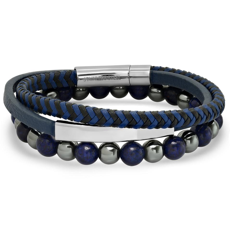 2-Piece Set: Men's Leather/Stainless Steel and Lapis/Hematite Beaded Bracelets Bracelets - DailySale