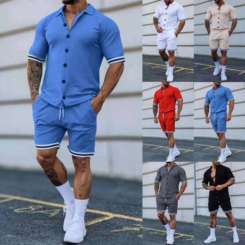 2-Piece Set: Men's Short Sleeve Plain Stripes Lapel Men's Tops - DailySale