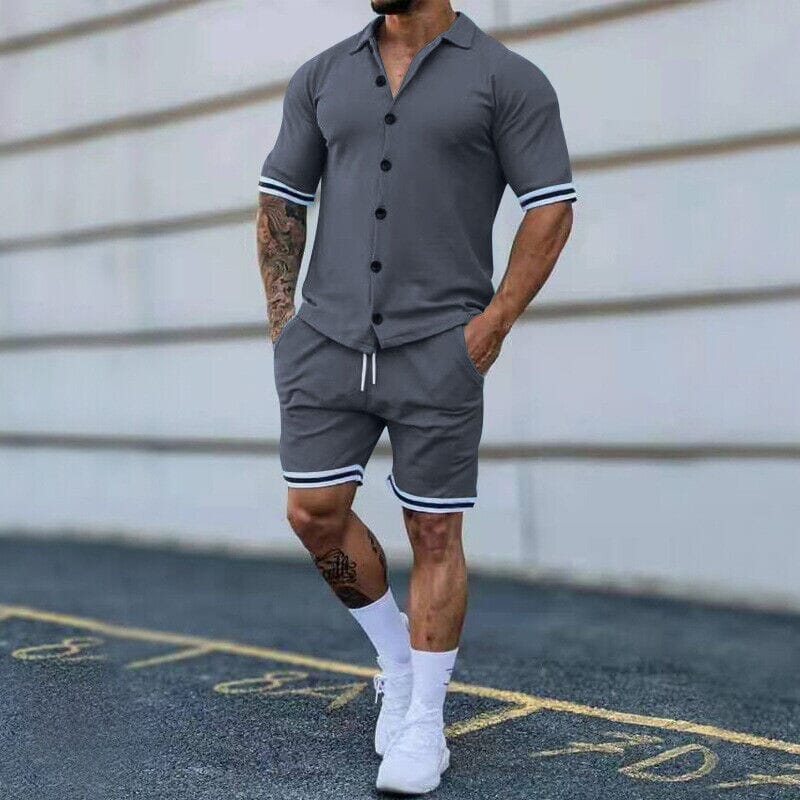 2-Piece Set: Men's Short Sleeve Plain Stripes Lapel Men's Tops Dark Gray S - DailySale