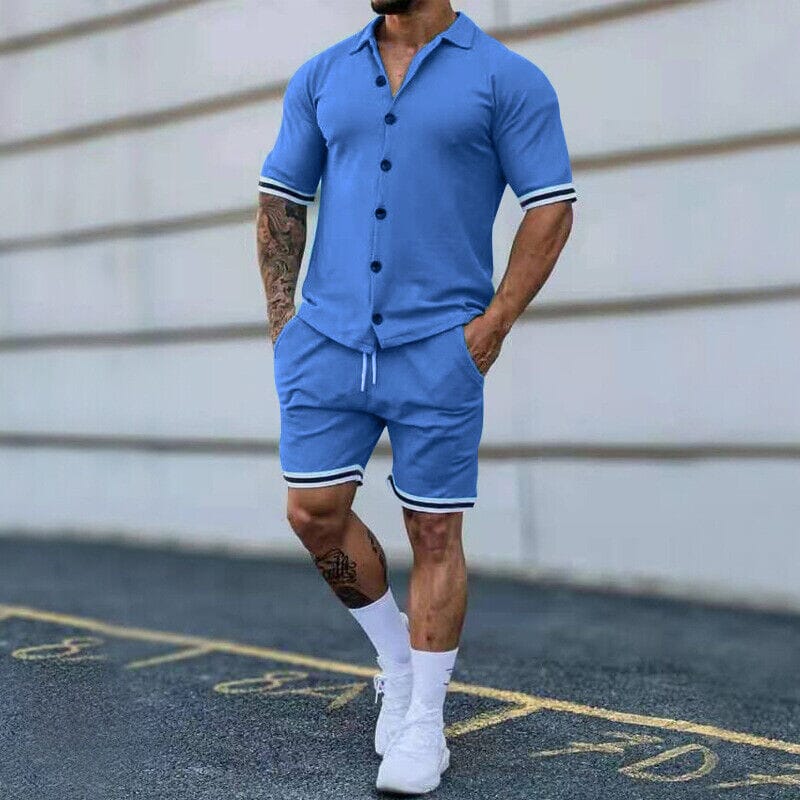 2-Piece Set: Men's Short Sleeve Plain Stripes Lapel Men's Tops Light Blue S - DailySale