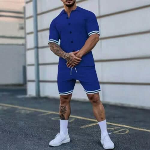 2-Piece Set: Men's Short Sleeve Plain Stripes Lapel Men's Tops Royal Blue S - DailySale