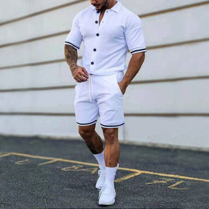 2-Piece Set: Men's Short Sleeve Plain Stripes Lapel Men's Tops White S - DailySale