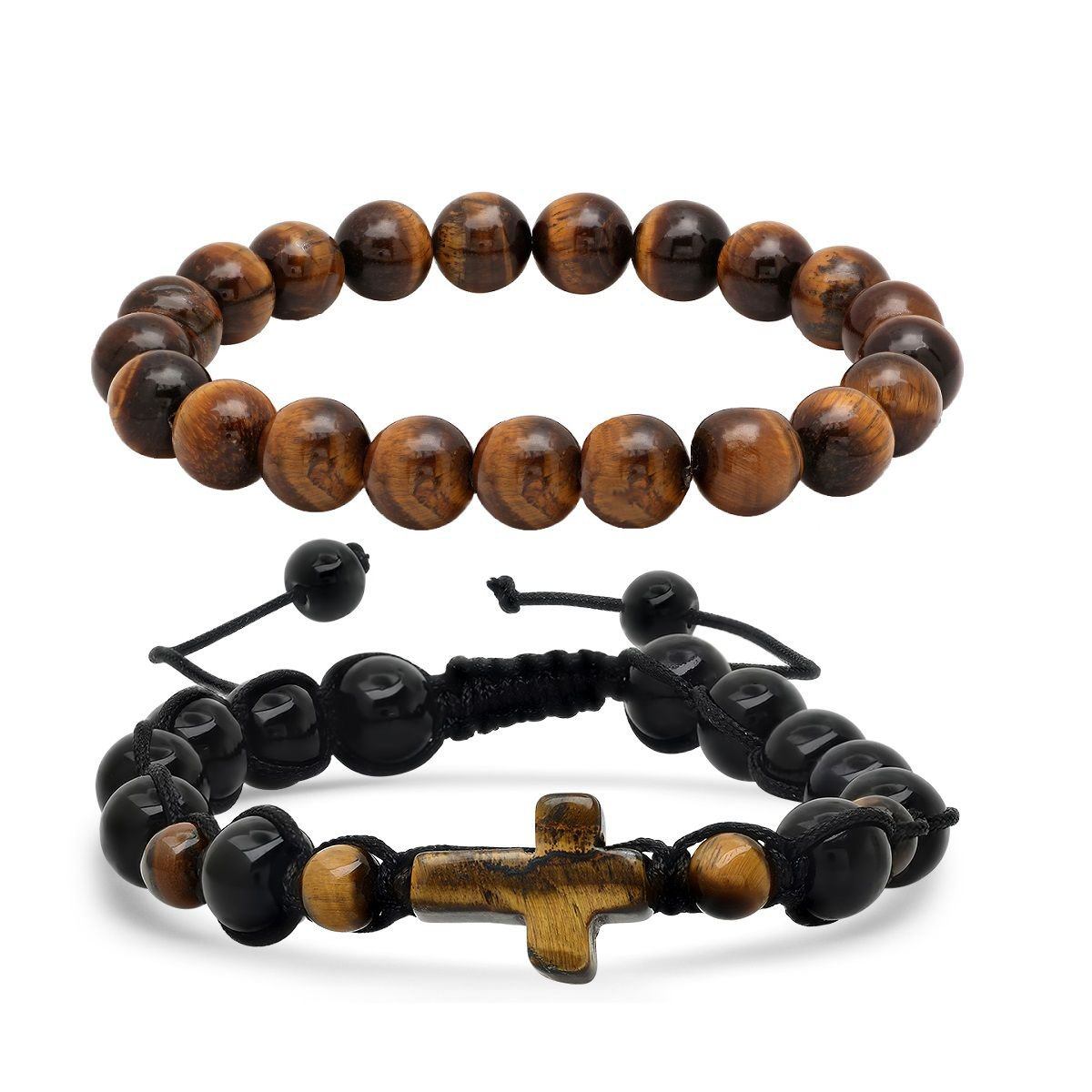 2-Piece Set: Men's Tiger Eye and Black Beads/Tiger Eye Cross Drawstring Bracelets Bracelets - DailySale