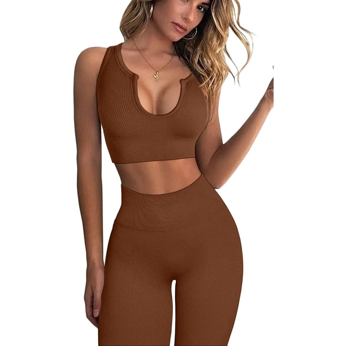 2-Piece Set: Ribbed Seamless Crop Tank High Waist Yoga Leggings Women's Bottoms Brown S - DailySale