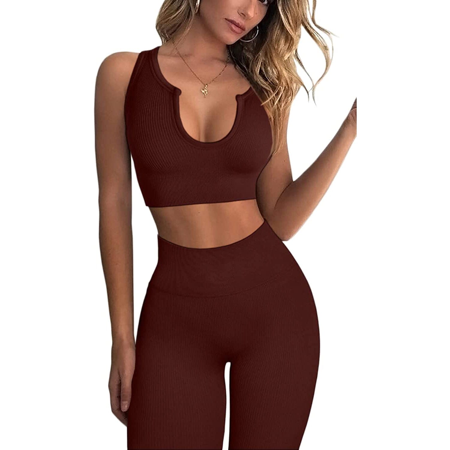 2-Piece Set: Ribbed Seamless Crop Tank High Waist Yoga Leggings Women's Bottoms Coffee S - DailySale