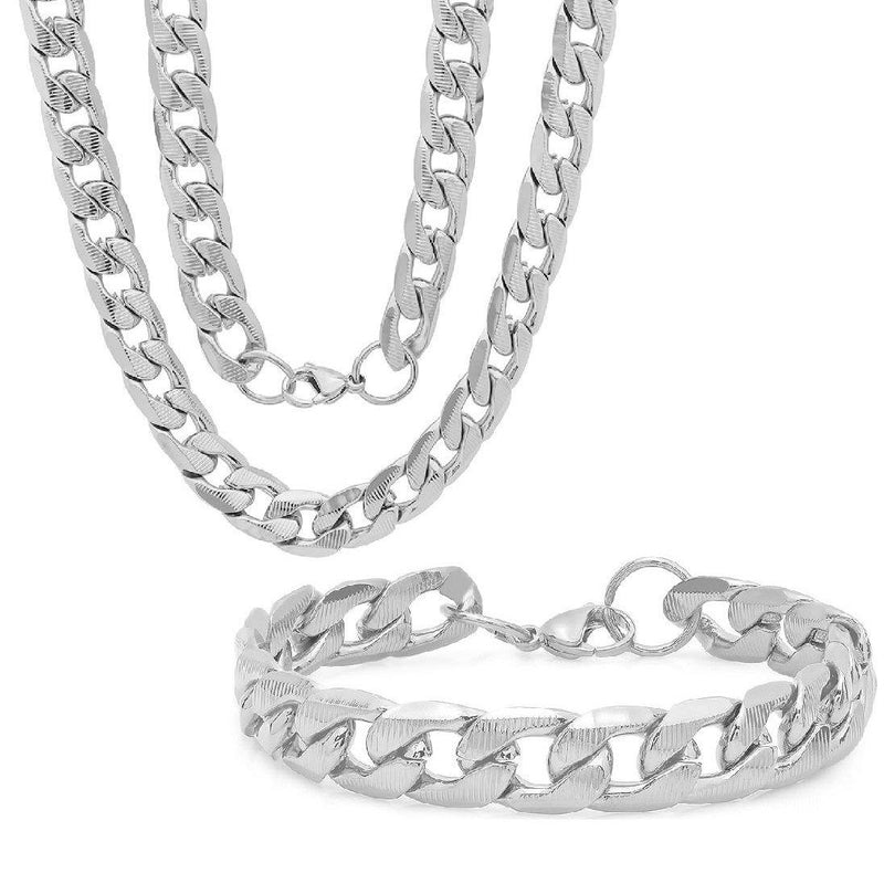 2-Piece Set: Stainless Steel Men's Line-Cut Cuban Link Chain 24" Necklace and 8-1/2" Bracelet Set Necklaces - DailySale
