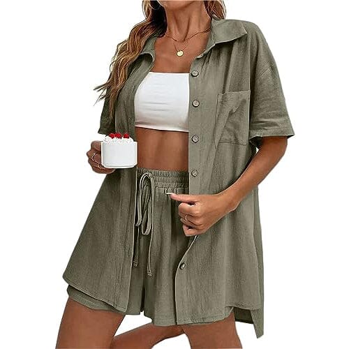 2-Piece Set: Tracksuit Outfit Sets Cotton Linen Shirt and High Waisted Mini Shorts Set Women's Tops Army Green S - DailySale