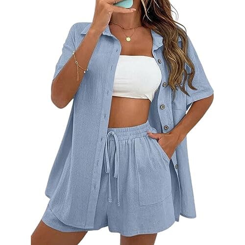 2-Piece Set: Tracksuit Outfit Sets Cotton Linen Shirt and High Waisted Mini Shorts Set Women's Tops Blue S - DailySale