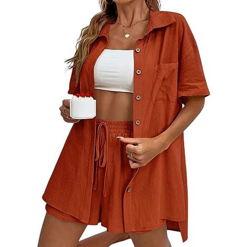 2-Piece Set: Tracksuit Outfit Sets Cotton Linen Shirt and High Waisted Mini Shorts Set Women's Tops Red S - DailySale