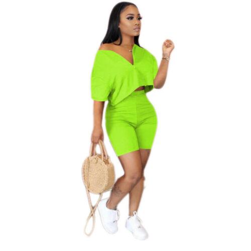 2-Piece Set: Women Solid Color Short Sleeves Zipper Casual Jumpsuit Outfits Women's Clothing Fluorescent green S - DailySale