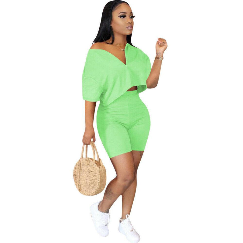 2-Piece Set: Women Solid Color Short Sleeves Zipper Casual Jumpsuit Outfits Women's Clothing Light green S - DailySale