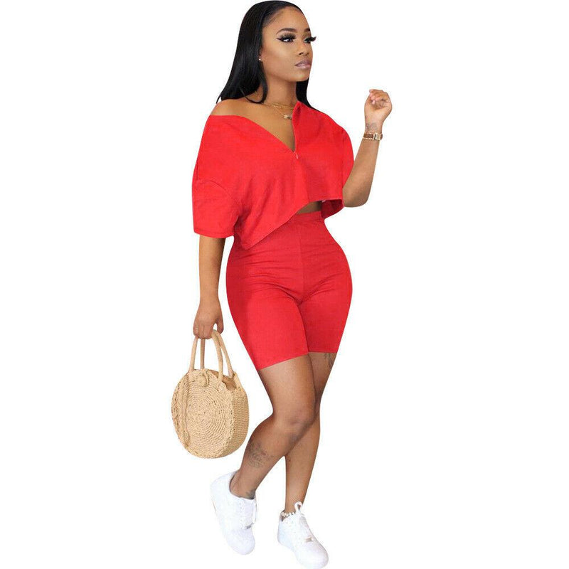 2-Piece Set: Women Solid Color Short Sleeves Zipper Casual Jumpsuit Outfits Women's Clothing Red S - DailySale