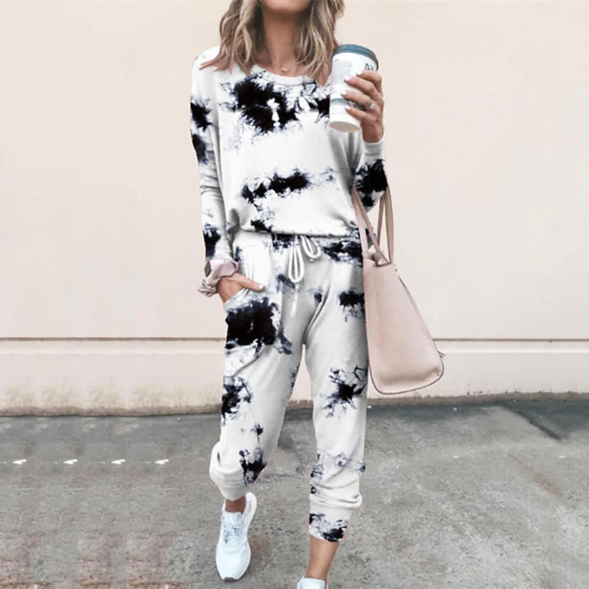 2-Piece Set: Women's Basic Tie Dye Sweatshirt Tracksuit Pants Sets Women's Loungewear Black S - DailySale