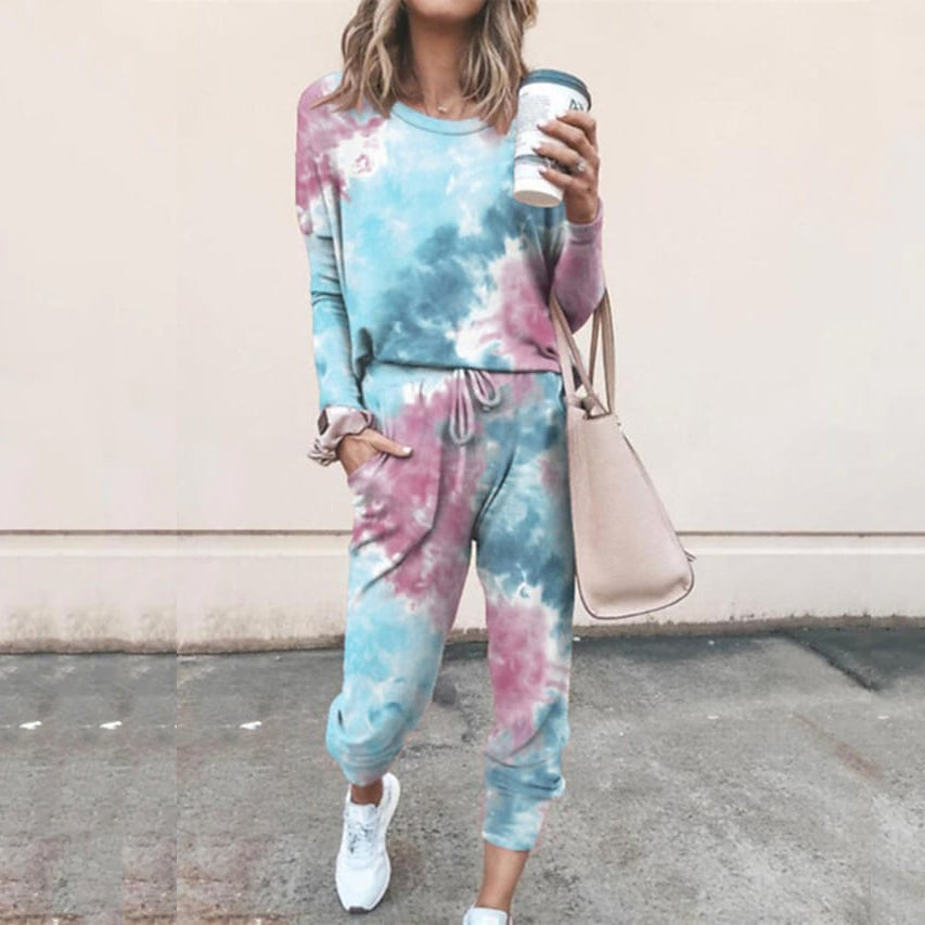 2-Piece Set: Women's Basic Tie Dye Sweatshirt Tracksuit Pants Sets Women's Loungewear Blue S - DailySale