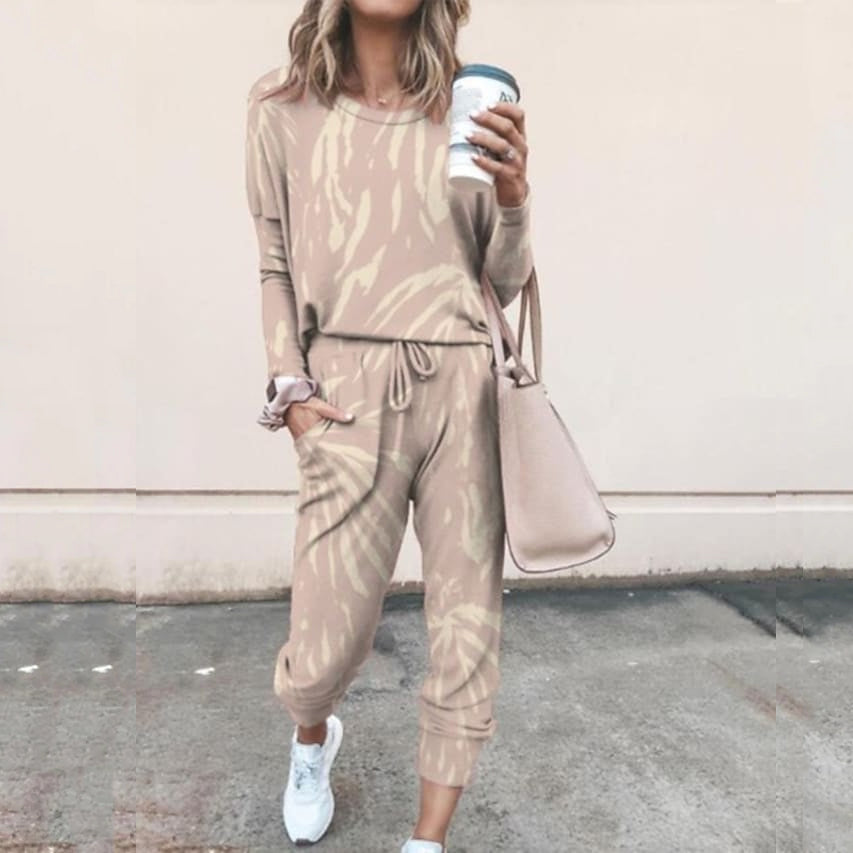 2-Piece Set: Women's Basic Tie Dye Sweatshirt Tracksuit Pants Sets Women's Loungewear Khaki S - DailySale