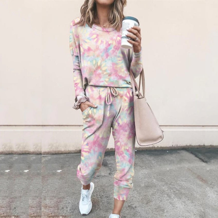 2-Piece Set: Women's Basic Tie Dye Sweatshirt Tracksuit Pants Sets Women's Loungewear Pink S - DailySale