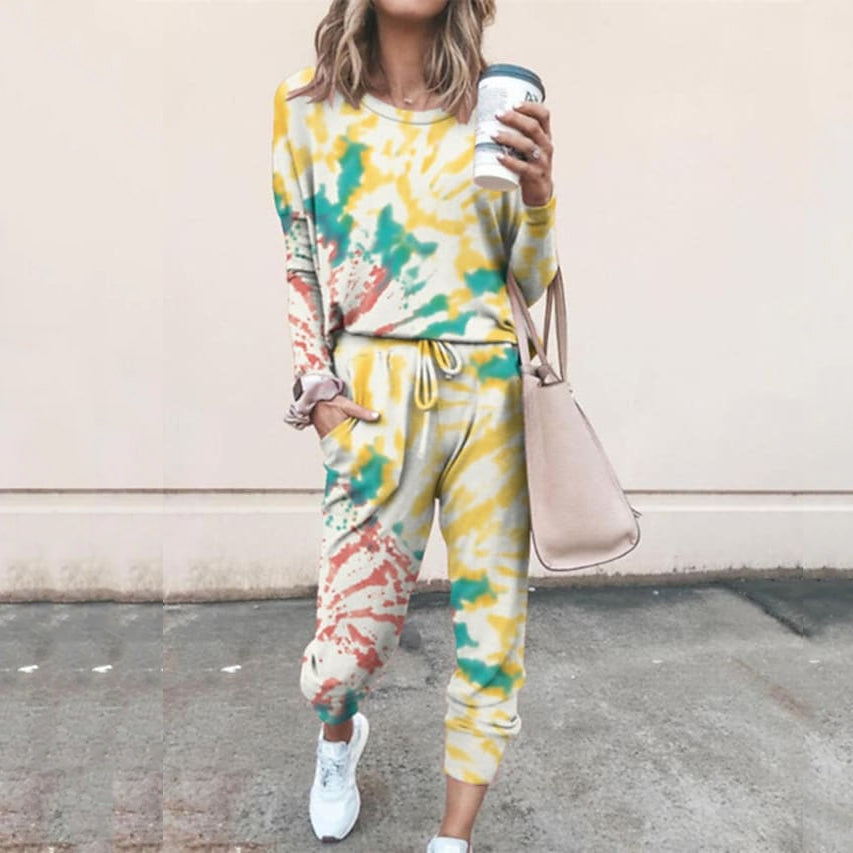 2-Piece Set: Women's Basic Tie Dye Sweatshirt Tracksuit Pants Sets Women's Loungewear Yellow S - DailySale