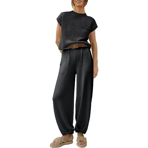 2-Piece Set: Women's Knit Pullover Tops and High Waisted Pants Tracksuit Lounge Sets Women's Tops Black S - DailySale