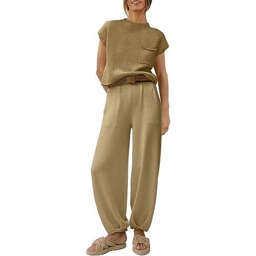 2-Piece Set: Women's Knit Pullover Tops and High Waisted Pants Tracksuit Lounge Sets Women's Tops Brown S - DailySale