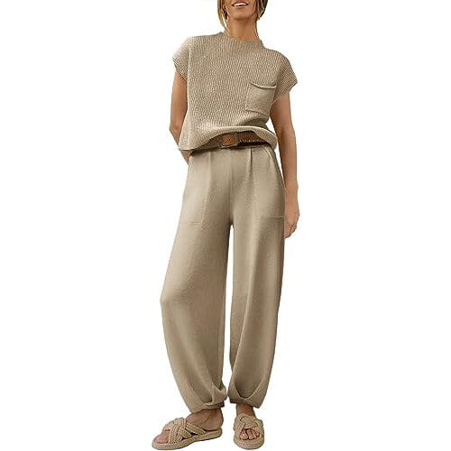 2-Piece Set: Women's Knit Pullover Tops and High Waisted Pants Tracksuit Lounge Sets Women's Tops Khaki S - DailySale