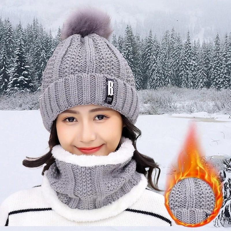 2-Piece Set: Women's Knitted Hat Scarf Caps Neck Warmer Winter Hat Women's Shoes & Accessories Gray - DailySale