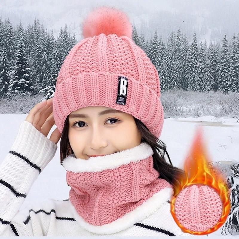 2-Piece Set: Women's Knitted Hat Scarf Caps Neck Warmer Winter Hat Women's Shoes & Accessories Pink - DailySale