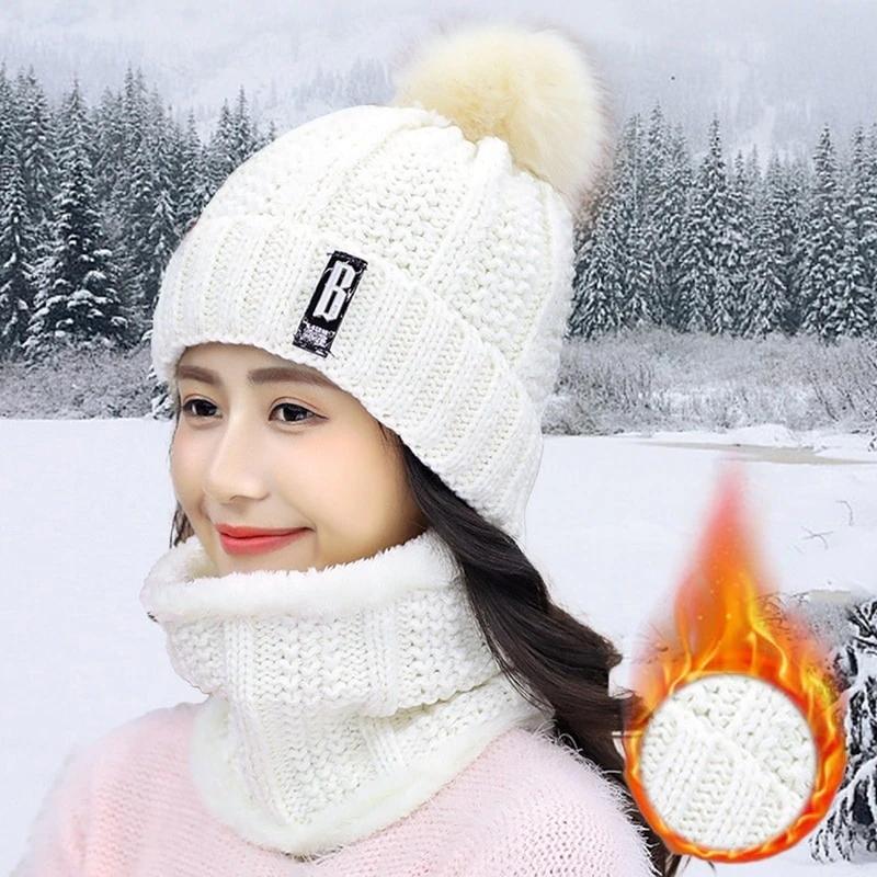 2021 New 3 Pieces Set Women's Knitted Hat Scarf Caps Neck Warmer