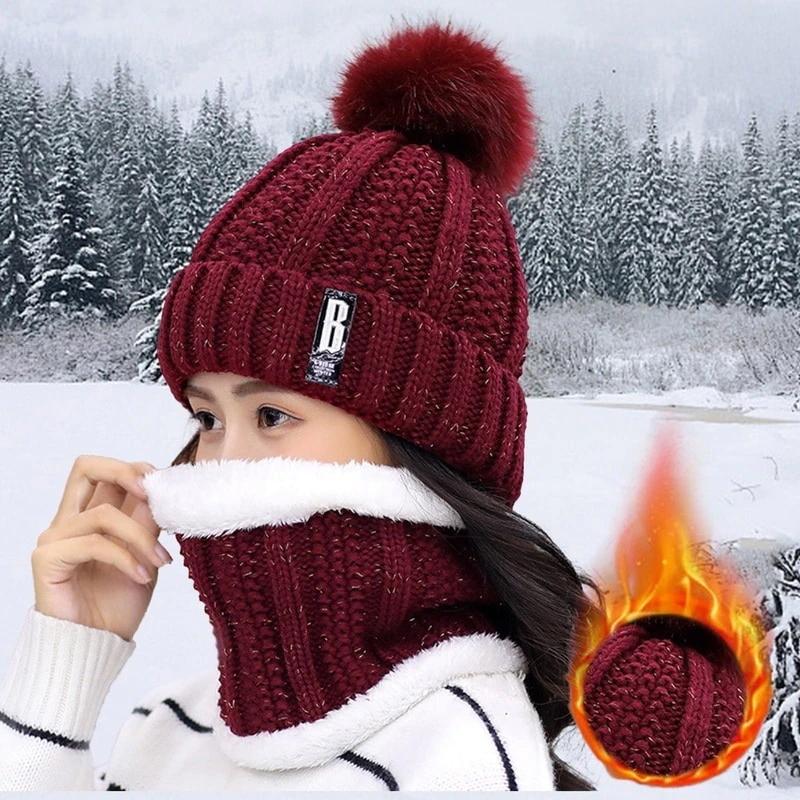 2-Piece Set: Women's Knitted Hat Scarf Caps Neck Warmer Winter Hat Women's Shoes & Accessories Wine Red - DailySale