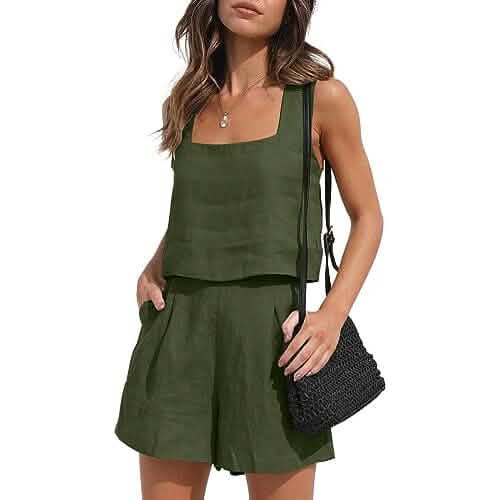 2-Piece Set: Women's Lounge Matching Sets Linen Shorts Crop Tops Women's Tops Army Green S - DailySale