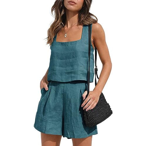 2-Piece Set: Women's Lounge Matching Sets Linen Shorts Crop Tops Women's Tops Blue S - DailySale