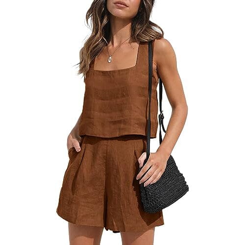 2-Piece Set: Women's Lounge Matching Sets Linen Shorts Crop Tops Women's Tops Dark Brown S - DailySale