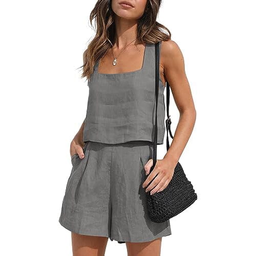 2-Piece Set: Women's Lounge Matching Sets Linen Shorts Crop Tops Women's Tops Gray S - DailySale